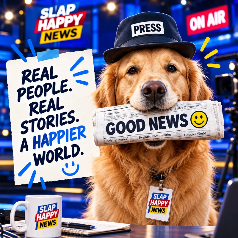Dog wearing a press hat and holding a good news newspaper